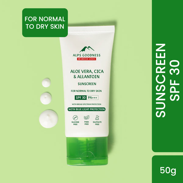 Alps Goodness Blue Light Protection Sunscreen For Normal to Dry Skin SPF 30 PA+++ with Aloe Vera, Cica & Allantoin (50 g)| Sunscreen for Normal to Dry Skin| Broad Spectrum Protection Sunscreen| PA+++ Sunscreen