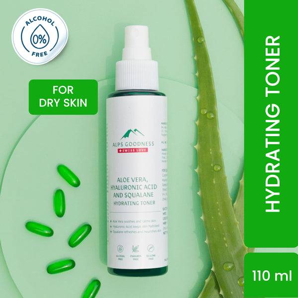 Alps Goodness Aloe Vera, Squalane & Hyaluronic Acid Hydrating Toner for Dry Skin (110ml) | Alcohol free, Paraben Free, Sulphate Free, Silicone Free | Good for pore minimizing/tightening