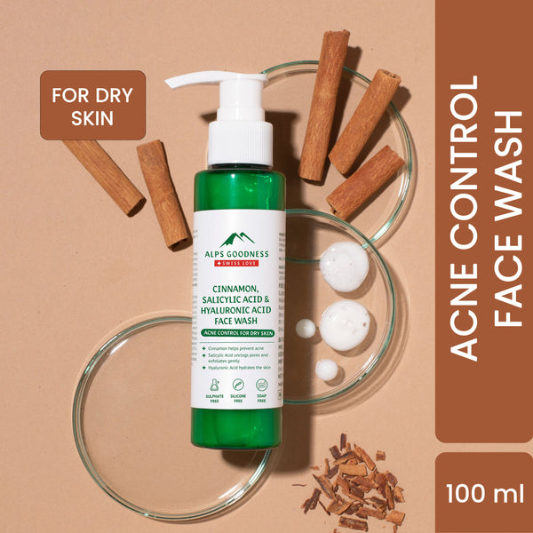 Alps Goodness Acne Control Facewash For Dry Skin with Cinnamon, Salicylic Acid & Hyaluronic Acid (100 ml)| For Acne Prone Dry Skin | Sulphate Free, Soap Free, Silicone Free, Paraben Free, Mineral Oil Free | Salicylic Acid Face wash